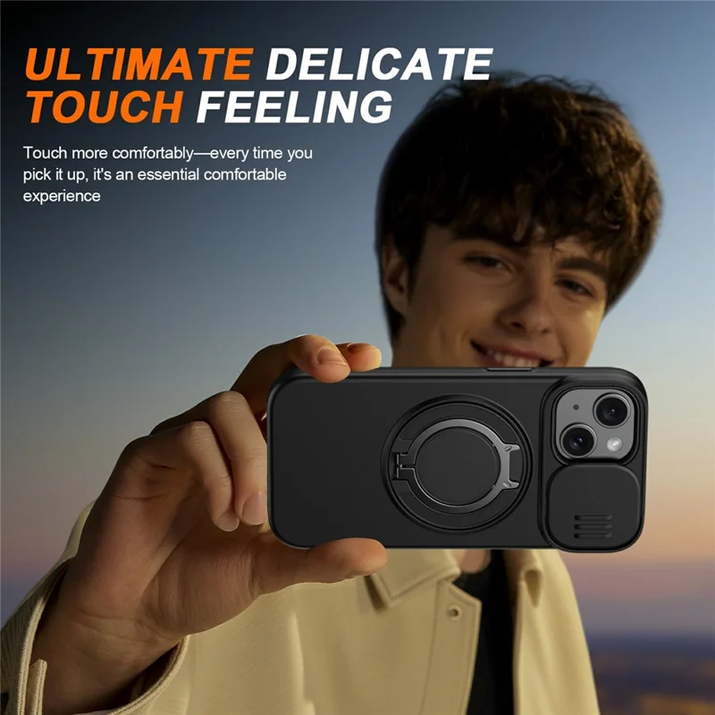 Magnetic Case For iPhone 15 Plus  /  14 Plus Ring Kickstand Slide Camera Cover TPU PC Hybrid Phone Shell - Black