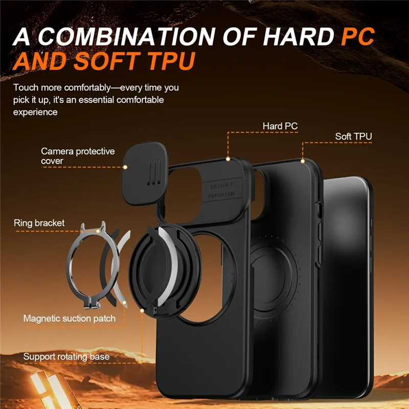 Magnetic Case For iPhone 15 Plus  /  14 Plus Ring Kickstand Slide Camera Cover TPU PC Hybrid Phone Shell - Black