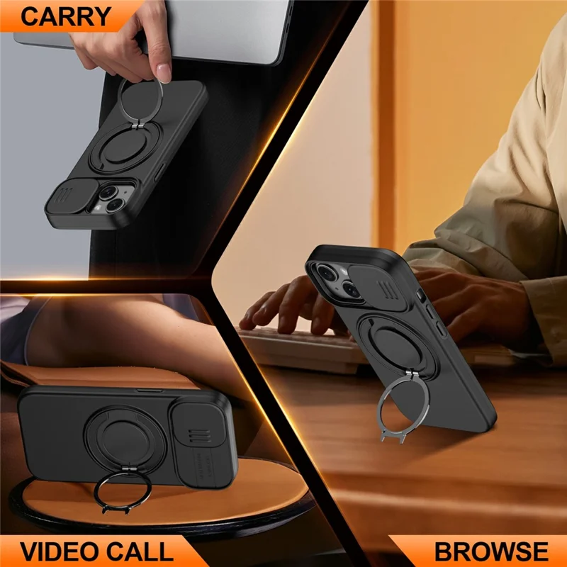 Magnetic Case For iPhone 15 Plus  /  14 Plus Ring Kickstand Slide Camera Cover TPU PC Hybrid Phone Shell - Black