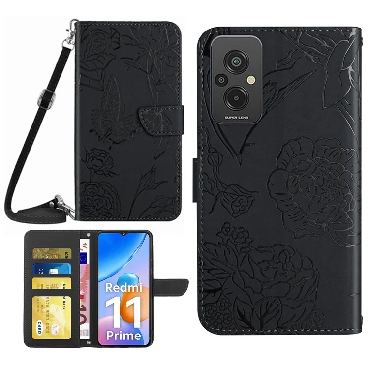 Pour Xiaomi Redmi 11 Prime 4G HT03 Fleurs de Papillon Sans Empreintes Sans Empreinte de Téléphone Imprimé de Papillon Imprimé. - le Noir