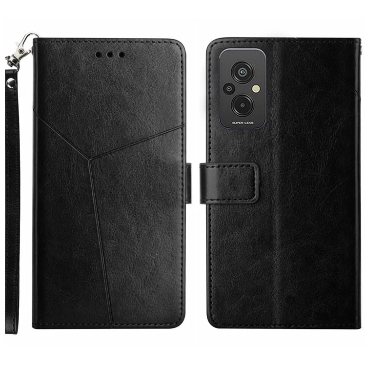 Pour Xiaomi Redmi 11 Prime 4G HT01 Lignes en Forme de y Imprimées Case de Portefeuille PU Couvrer en Cuir Couverture Complète Flip Folio Téléphone Couverture Avec Sangle - le Noir