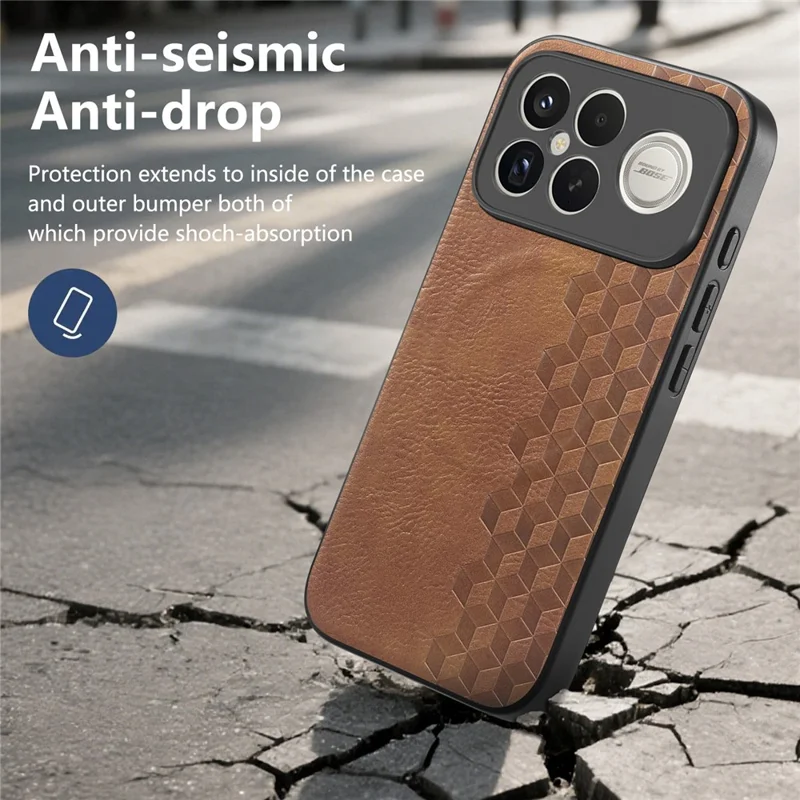 Magnetic Phone Case For Xiaomi Redmi K90 Pro Max 5G  /  Poco F8 Ultra Mobile Back Cover with Grid Pattern Protective PU Leather + PC Cover - Brown