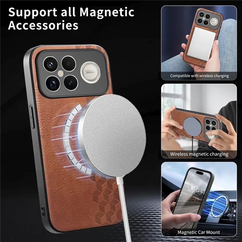 Magnetic Phone Case For Xiaomi Redmi K90 Pro Max 5G  /  Poco F8 Ultra Mobile Back Cover with Grid Pattern Protective PU Leather + PC Cover - Brown
