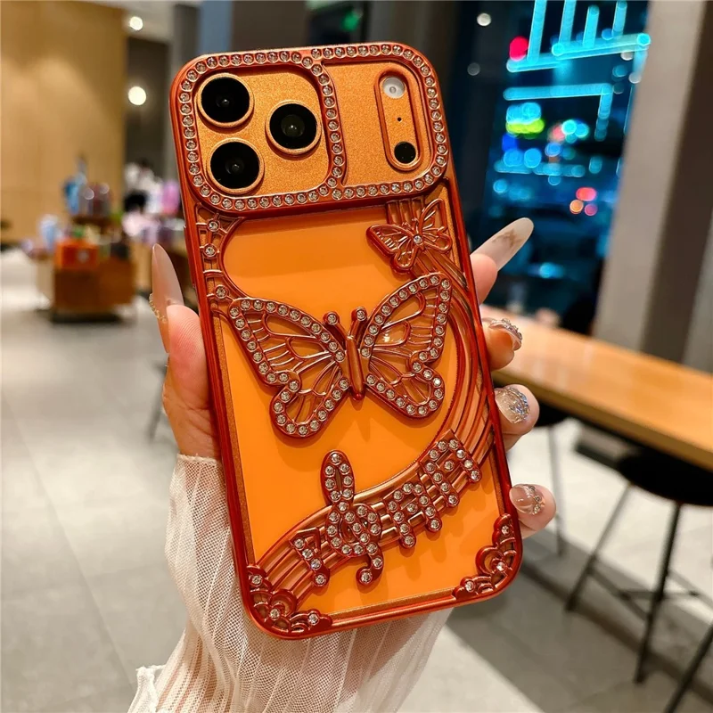 For iPhone 17 Pro Max Hoesje Vlinder Strass 3D Reliëf Open Design TPU Stootvrij - Oranje