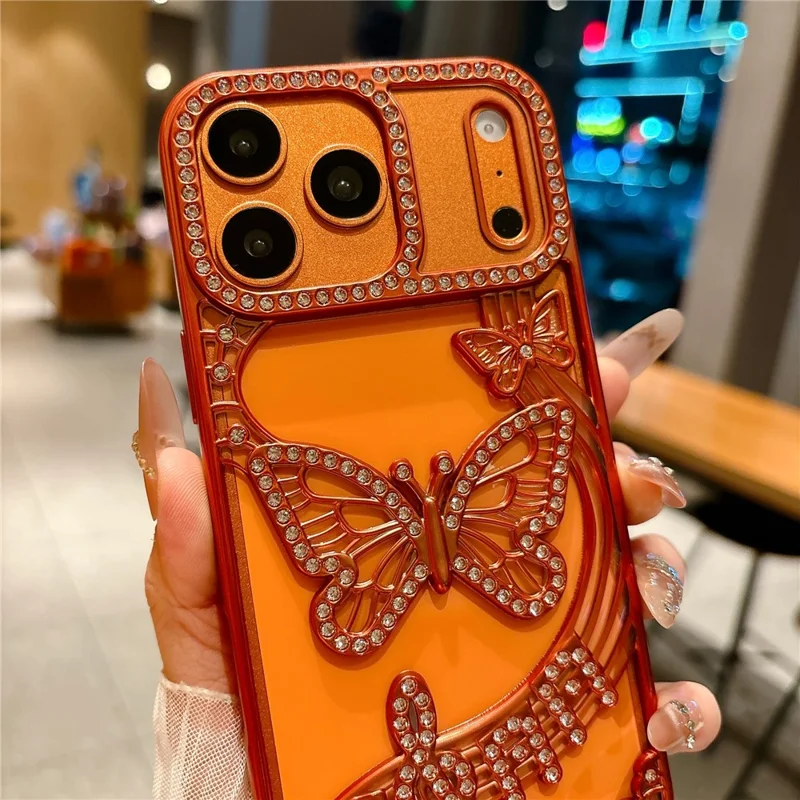 For iPhone 17 Pro Max Hoesje Vlinder Strass 3D Reliëf Open Design TPU Stootvrij - Oranje