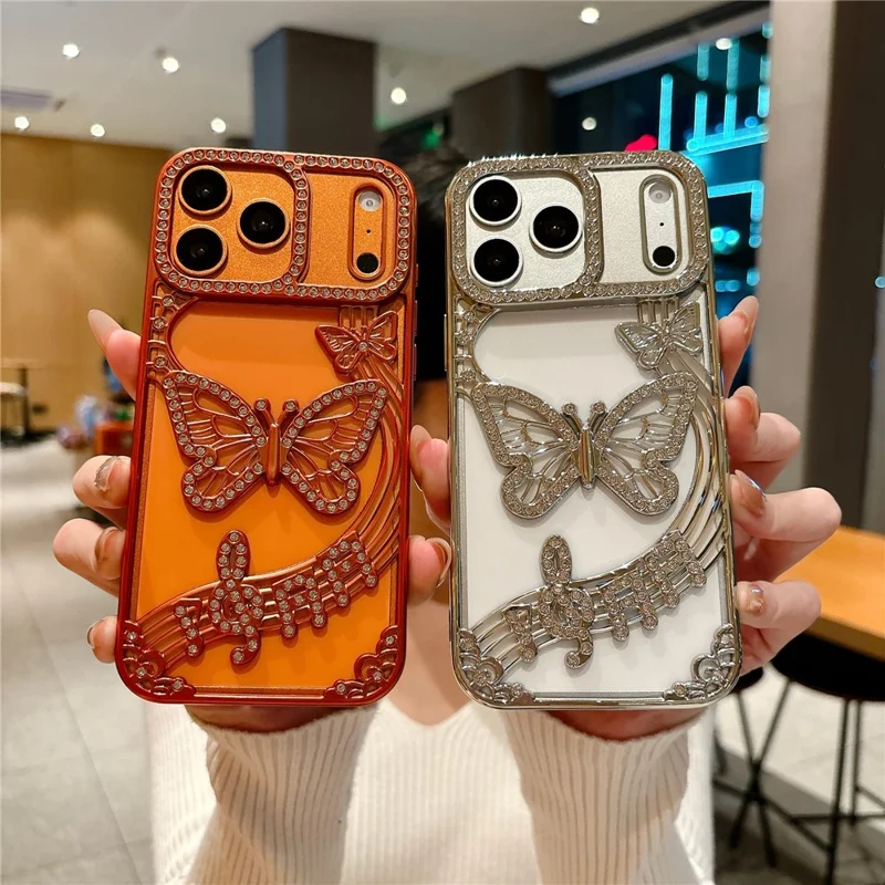 For iPhone 17 Pro Max Hoesje Vlinder Strass 3D Reliëf Open Design TPU Stootvrij - Oranje