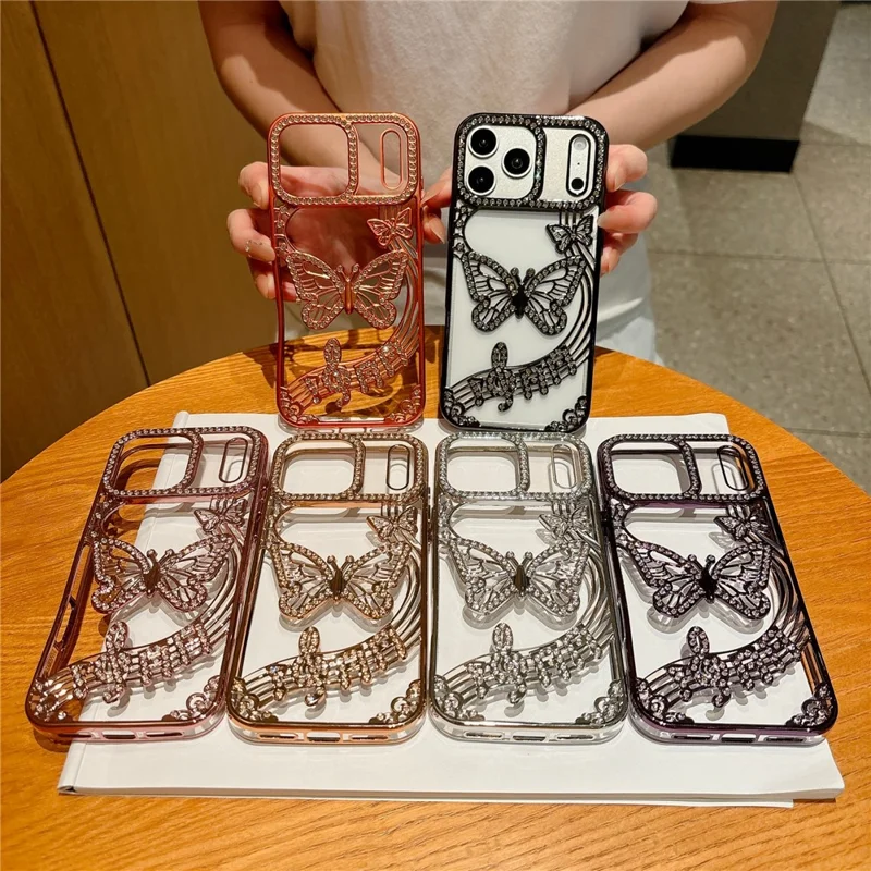 For iPhone 17 Pro Max Hoesje Vlinder Strass 3D Reliëf Open Design TPU Stootvrij - Oranje