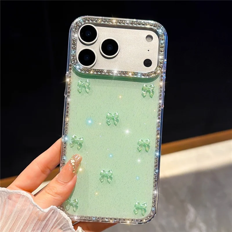 For iPhone 17 Pro Case Rhinestone Aurora Butterfly Bow Glitter TPU + PC IMD Phone Cover - Glitter Light Green