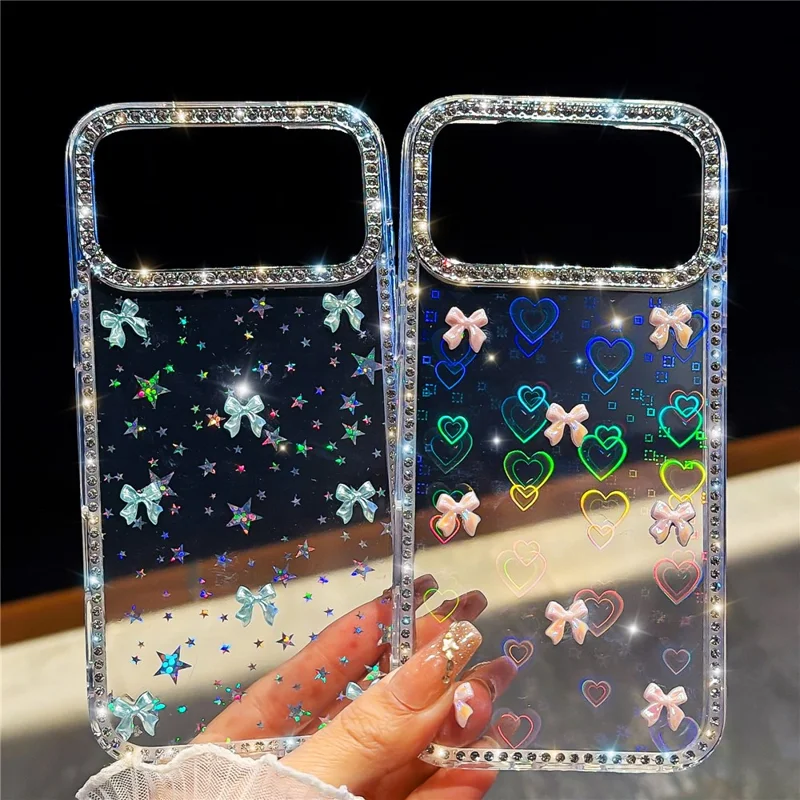For iPhone 17 Pro Case Rhinestone Aurora Butterfly Bow Glitter TPU + PC IMD Phone Cover - Glitter Light Green