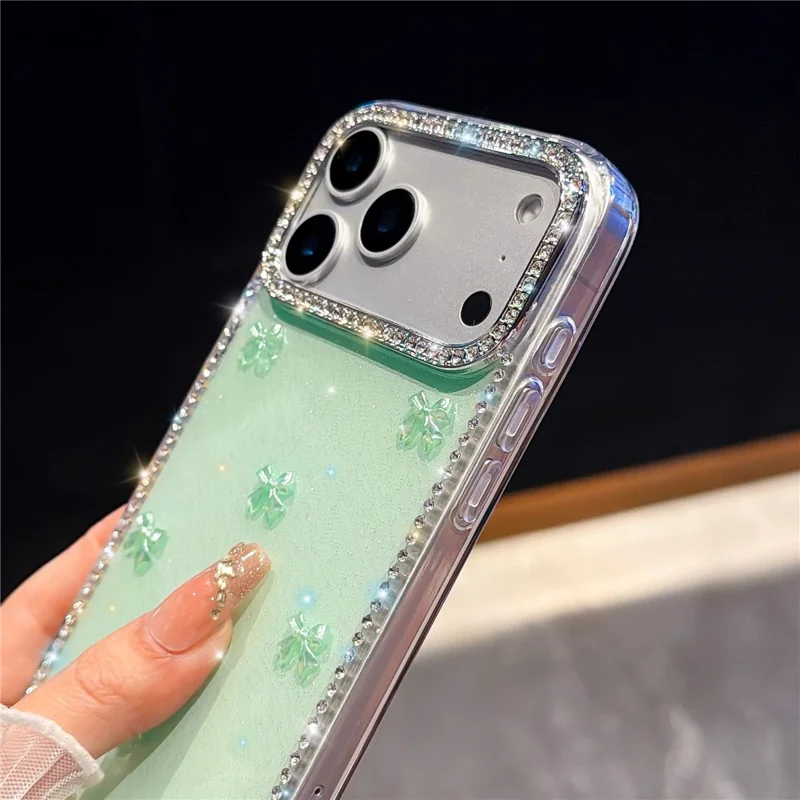 For iPhone 17 Pro Max Case Rhinestone Aurora Butterfly Bow Glitter TPU + PC IMD Phone Cover - Glitter Light Green