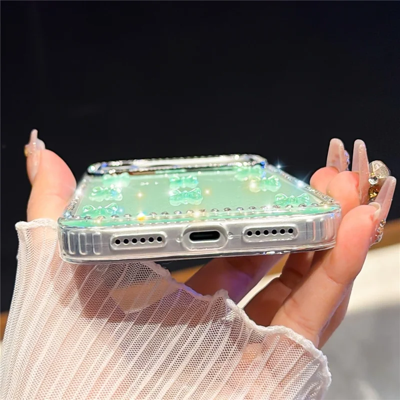 For iPhone 17 Pro Max Case Rhinestone Aurora Butterfly Bow Glitter TPU + PC IMD Phone Cover - Glitter Light Green