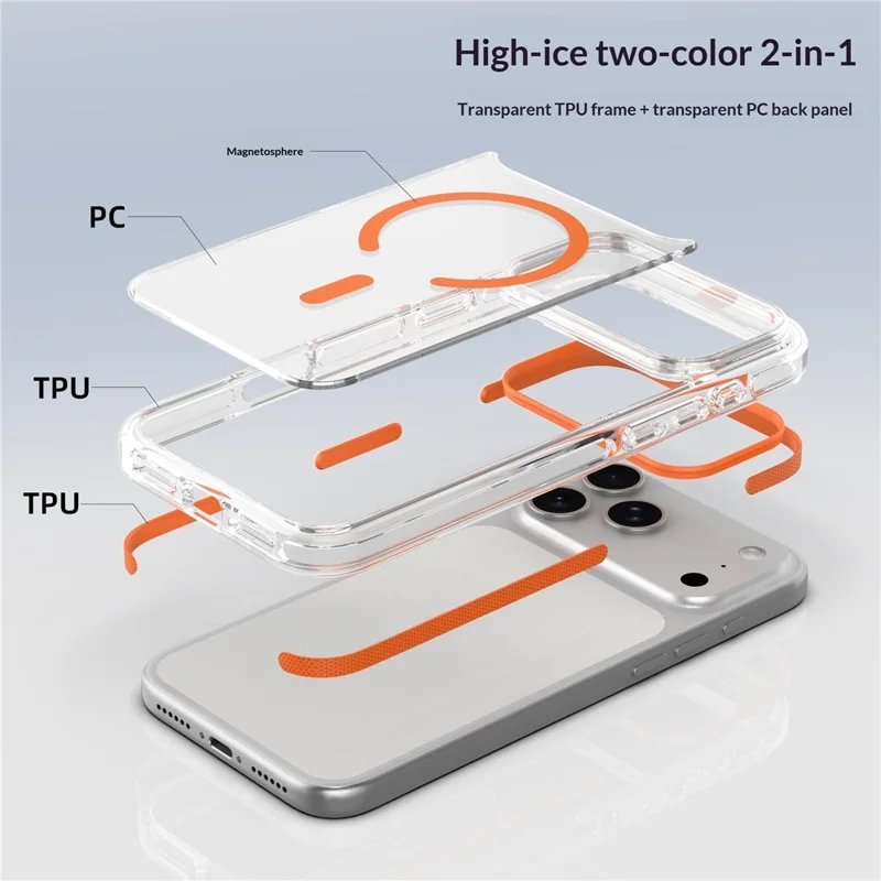 For iPhone 17 Pro Magnetic Case Clear PC TPU TPE Shockproof Cover Compatible with MagSafe - Orange