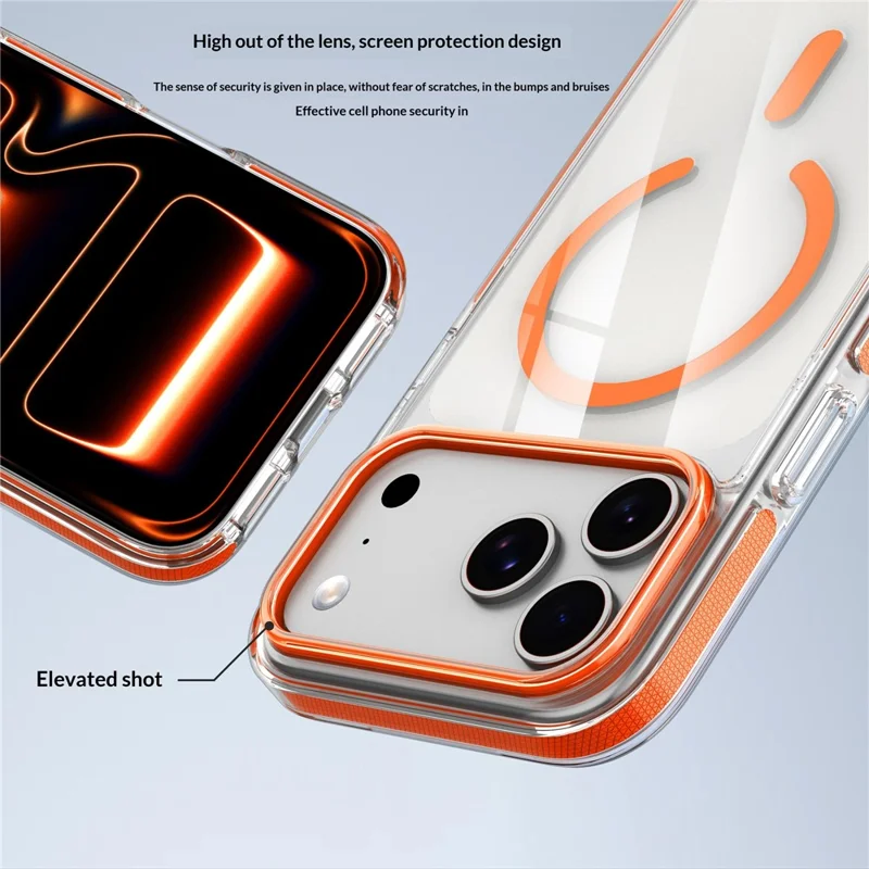 For iPhone 17 Pro Magnetic Case Clear PC TPU TPE Shockproof Cover Compatible with MagSafe - Orange
