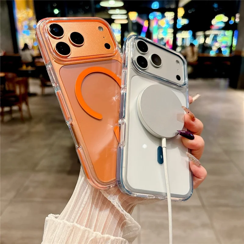 For iPhone 17 Pro Magnetic Case Clear PC TPU TPE Shockproof Cover Compatible with MagSafe - Orange
