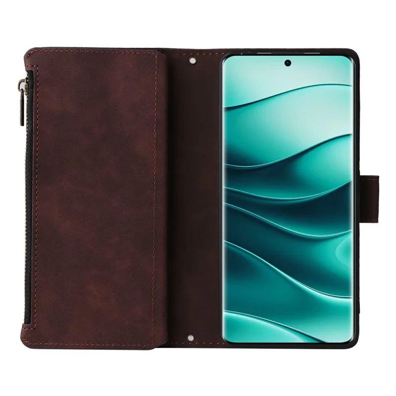 For Xiaomi Redmi Note 15 Pro 5G (Global) Case Zipper Wallet Multiple Card Slots Leather Phone Cover with Wrist Strap - Coffee