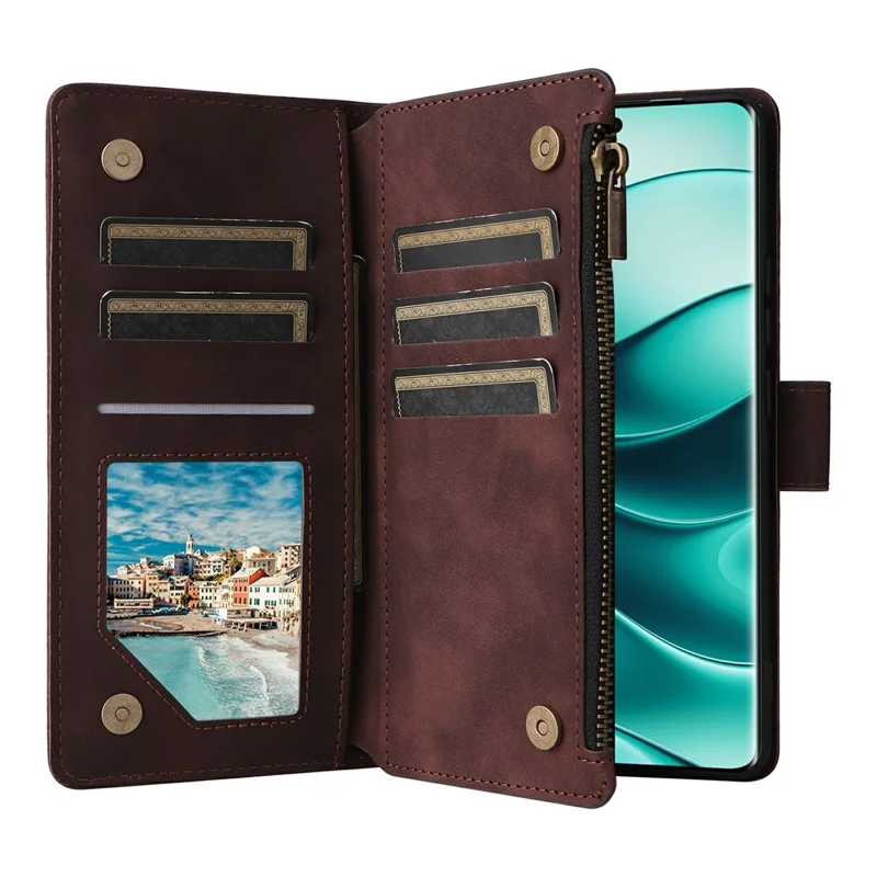 For Xiaomi Redmi Note 15 Pro 5G (Global) Case Zipper Wallet Multiple Card Slots Leather Phone Cover with Wrist Strap - Coffee
