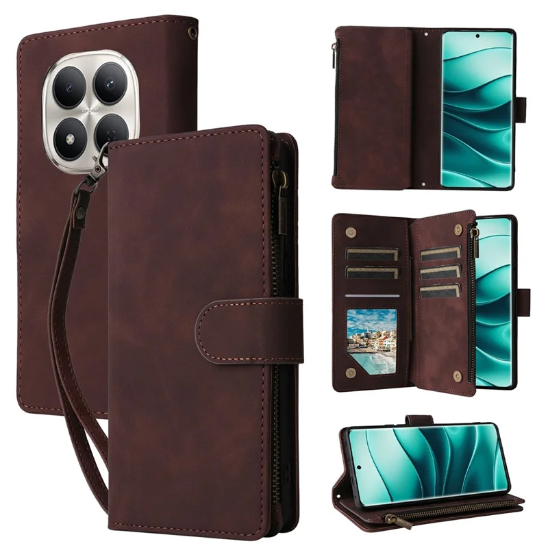 For Xiaomi Redmi Note 15 Pro 4G (Global) Case Zipper Wallet Multiple Card Slots Leather Phone Cover with Wrist Strap - Coffee