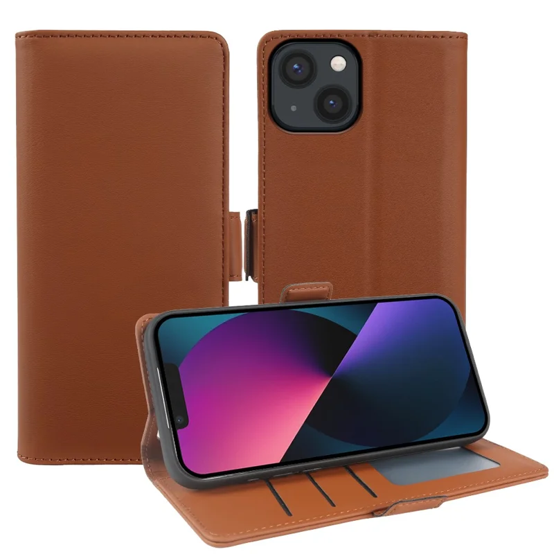 For iPhone 13 Leather Case Wallet Stand TPU + PU Skin-touch Cover - Brown