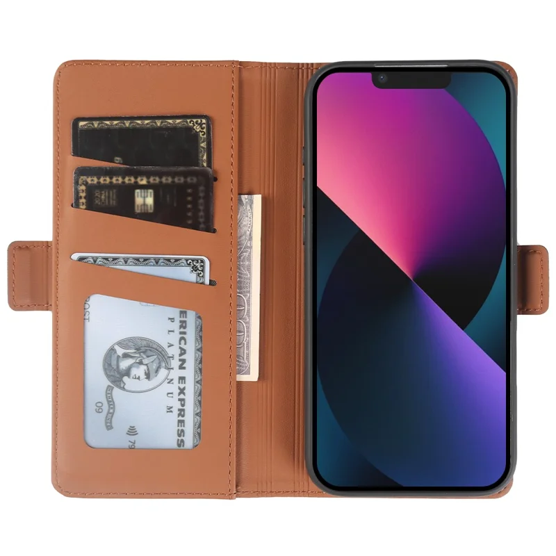 For iPhone 13 Leather Case Wallet Stand TPU + PU Skin-touch Cover - Brown