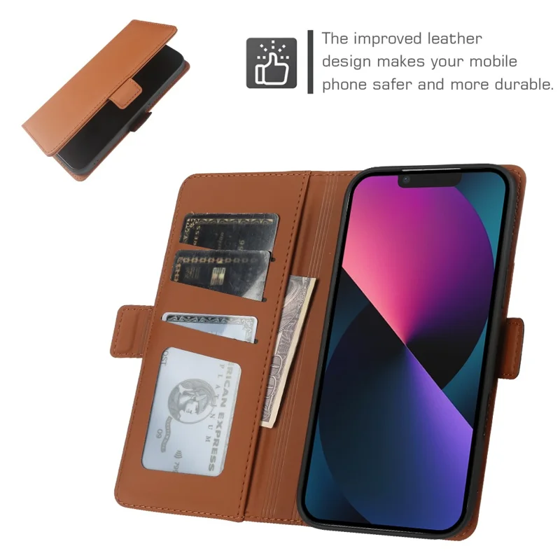 For iPhone 13 Leather Case Wallet Stand TPU + PU Skin-touch Cover - Brown