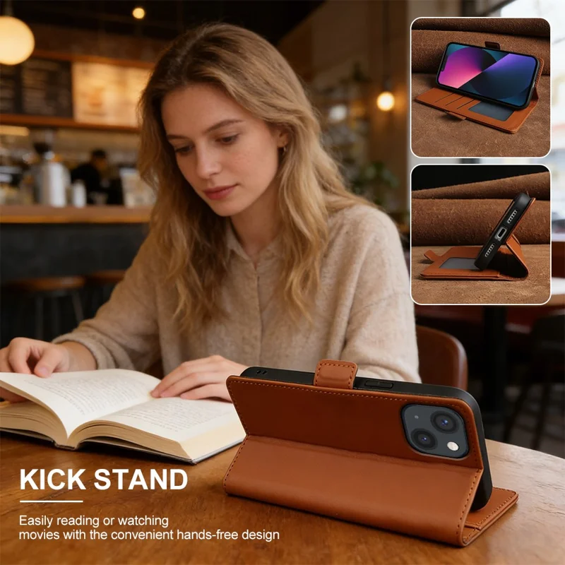 For iPhone 13 Leather Case Wallet Stand TPU + PU Skin-touch Cover - Brown