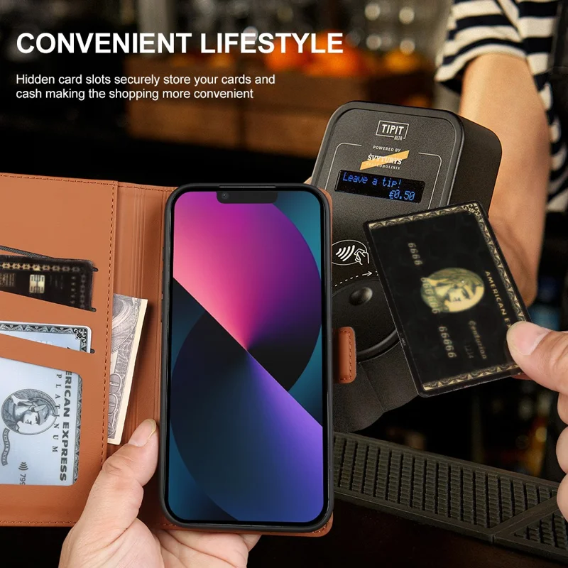 For iPhone 13 Leather Case Wallet Stand TPU + PU Skin-touch Cover - Brown