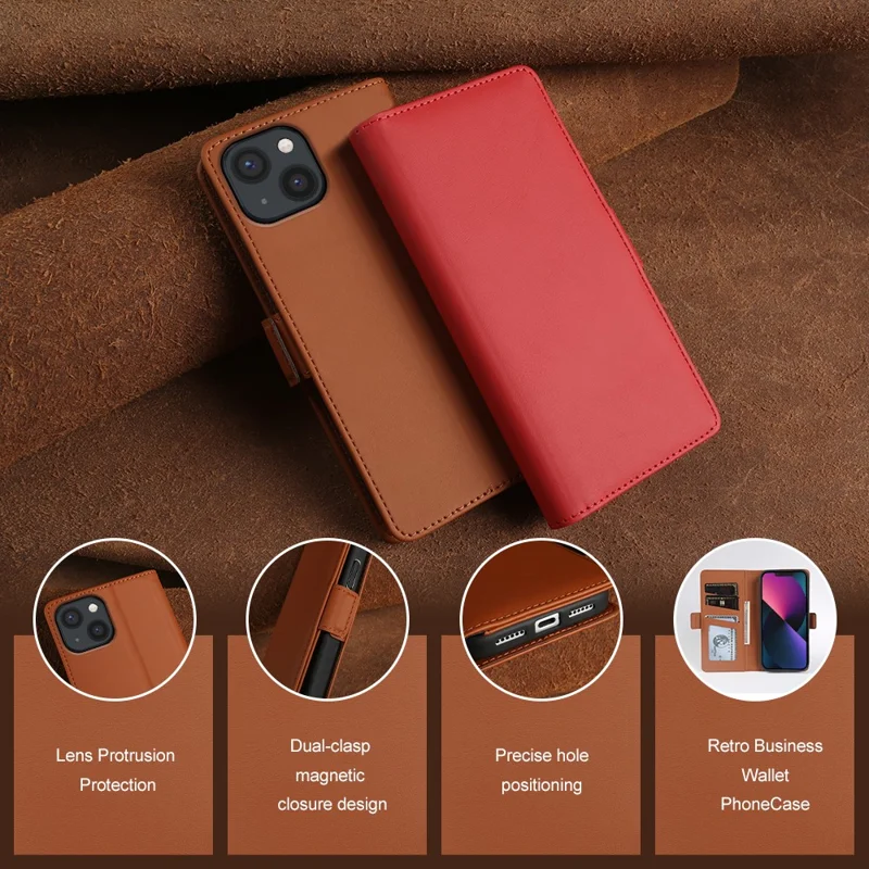 For iPhone 13 Leather Case Wallet Stand TPU + PU Skin-touch Cover - Brown