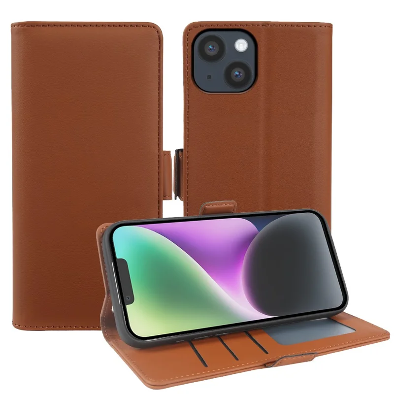 For iPhone 14 Leather Case Wallet Stand TPU + PU Skin-touch Cover - Brown