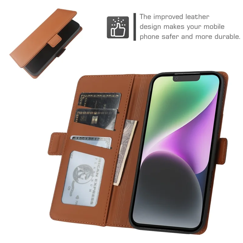 For iPhone 14 Leather Case Wallet Stand TPU + PU Skin-touch Cover - Brown