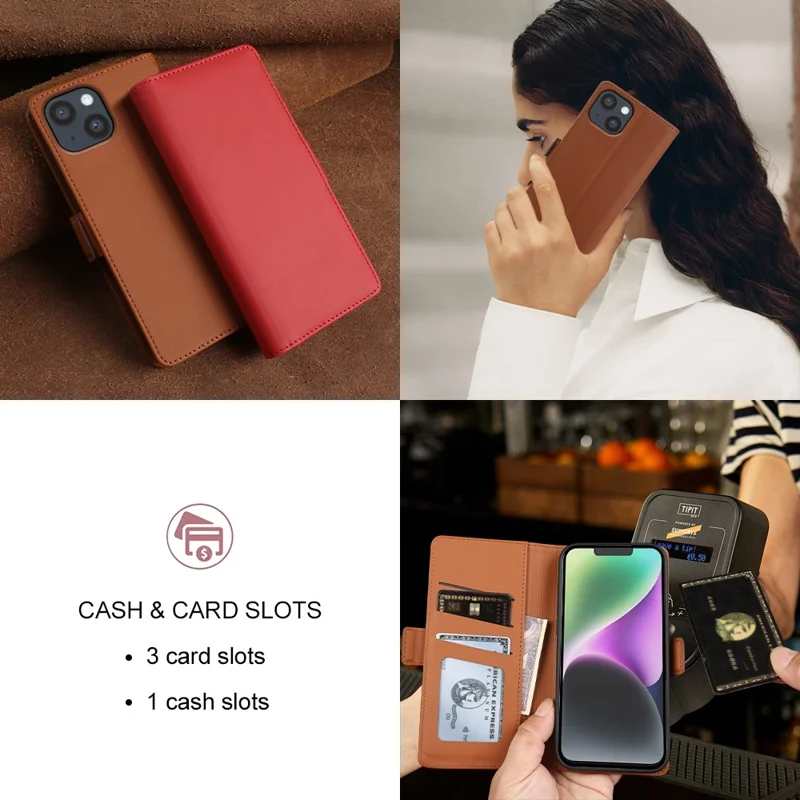 For iPhone 14 Leather Case Wallet Stand TPU + PU Skin-touch Cover - Brown