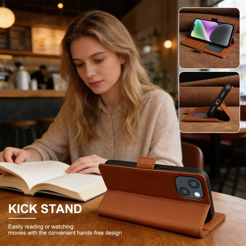 For iPhone 14 Leather Case Wallet Stand TPU + PU Skin-touch Cover - Brown