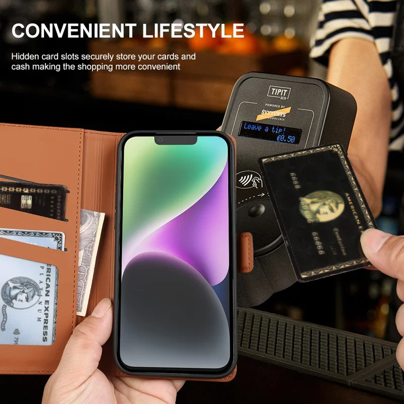 For iPhone 14 Leather Case Wallet Stand TPU + PU Skin-touch Cover - Brown