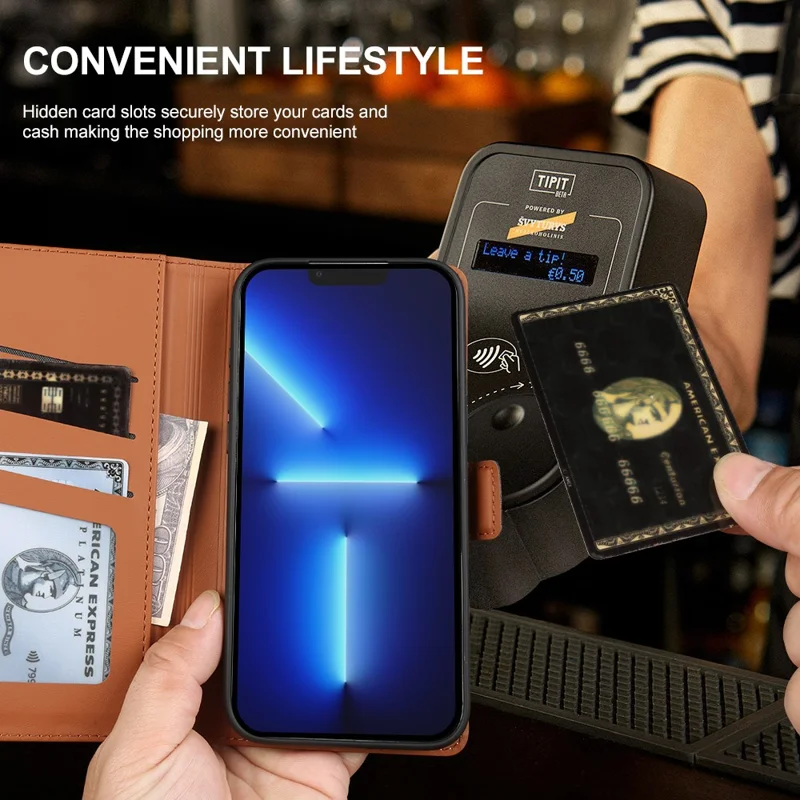 For iPhone 13 Pro Leather Case Wallet Stand TPU + PU Skin-touch Cover - Brown
