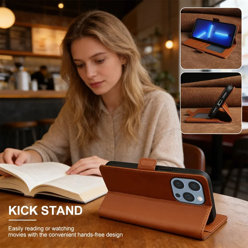 For iPhone 13 Pro Leather Case Wallet Stand TPU + PU Skin-touch Cover - Brown