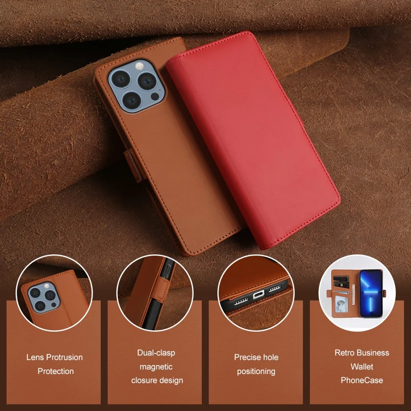 For iPhone 13 Pro Max Leather Case Wallet Stand TPU + PU Skin-touch Cover - Brown