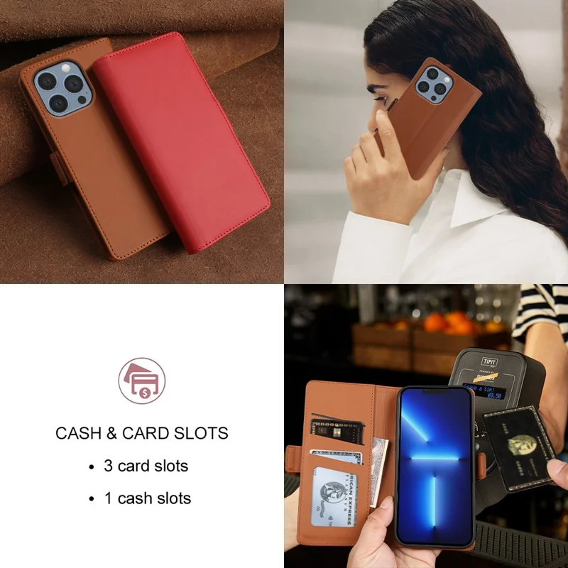 For iPhone 13 Pro Max Leather Case Wallet Stand TPU + PU Skin-touch Cover - Brown