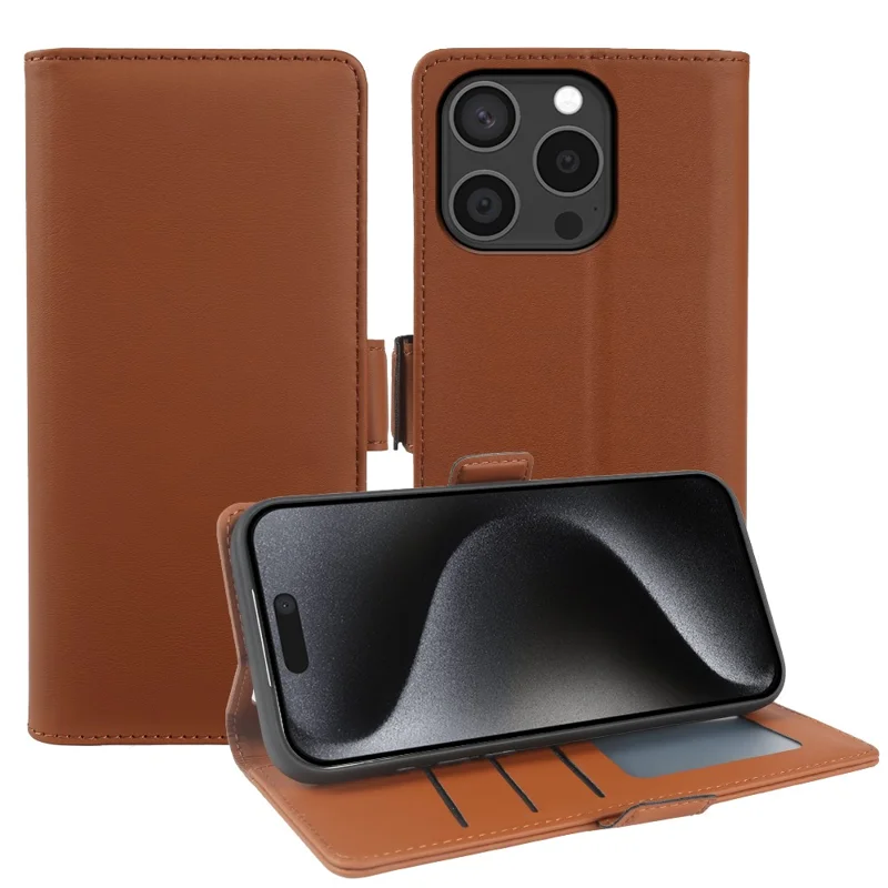 For iPhone 15 Pro Max Leather Case Wallet Stand TPU + PU Skin-touch Cover - Brown
