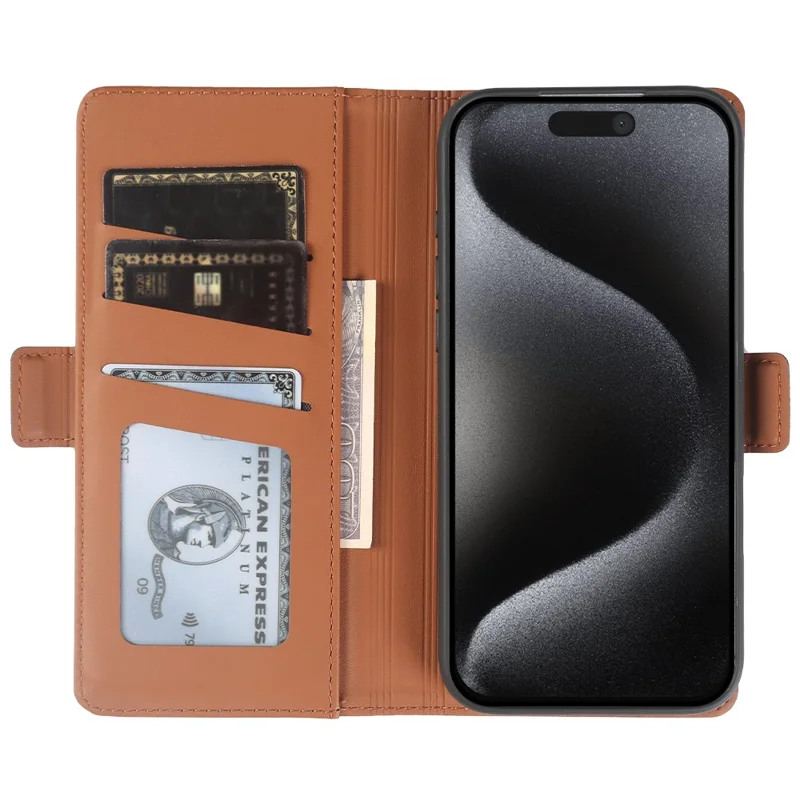For iPhone 15 Pro Max Leather Case Wallet Stand TPU + PU Skin-touch Cover - Brown