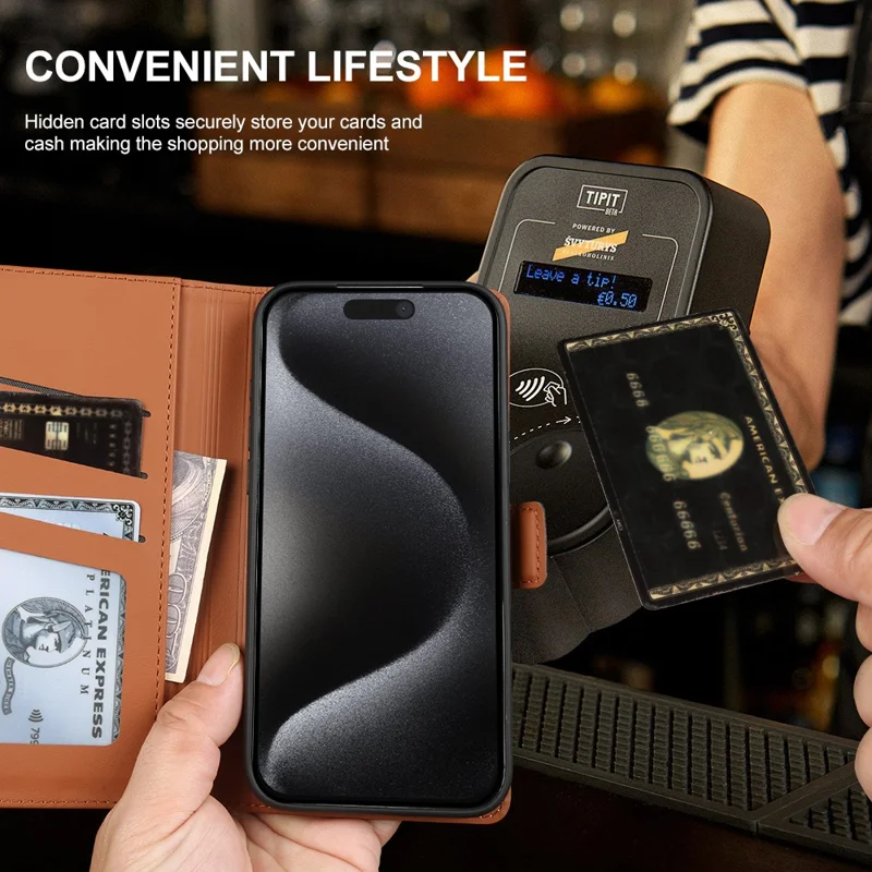 For iPhone 15 Pro Max Leather Case Wallet Stand TPU + PU Skin-touch Cover - Brown