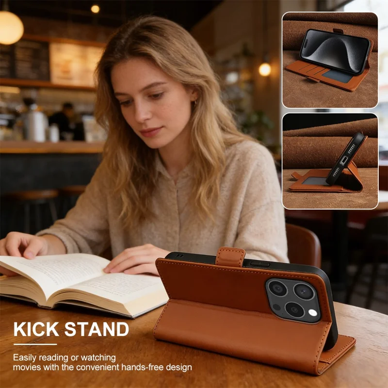 For iPhone 15 Pro Max Leather Case Wallet Stand TPU + PU Skin-touch Cover - Brown