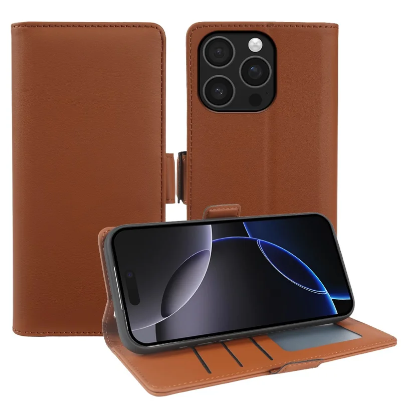 For iPhone 16 Pro Leather Case Wallet Stand TPU + PU Skin-touch Cover - Brown