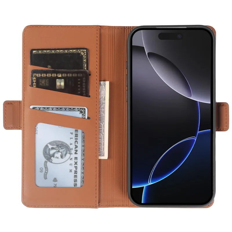 For iPhone 16 Pro Leather Case Wallet Stand TPU + PU Skin-touch Cover - Brown