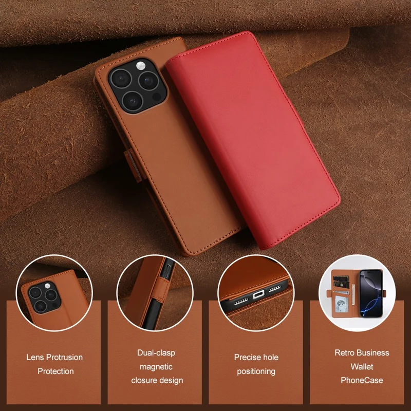 For iPhone 16 Pro Leather Case Wallet Stand TPU + PU Skin-touch Cover - Brown