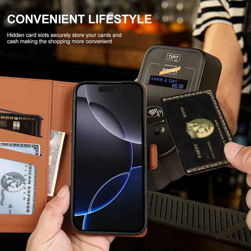 For iPhone 16 Pro Max Leather Case Wallet Stand TPU + PU Skin-touch Cover - Brown