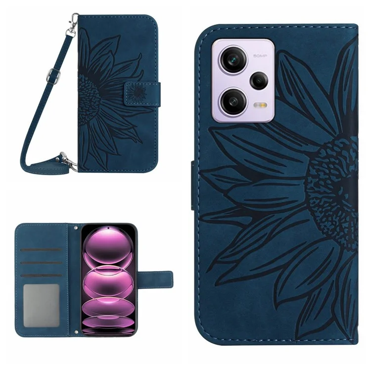 For Xiaomi Redmi Note 12 Pro 5G / Note 12 Pro Speed 5G / Poco X5 Pro 5G HT04 Sunflower Imprinted Flip Shell, PU Leather Wallet Case Stand Skin-touch Phone Cover with Shoulder Strap - Dark Blue