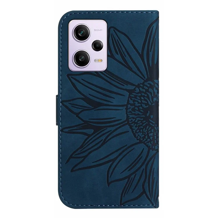 For Xiaomi Redmi Note 12 Pro 5G / Note 12 Pro Speed 5G / Poco X5 Pro 5G HT04 Sunflower Imprinted Flip Shell, PU Leather Wallet Case Stand Skin-touch Phone Cover with Shoulder Strap - Dark Blue