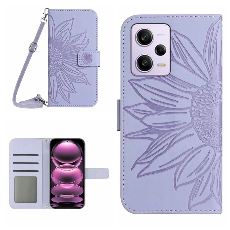 For Xiaomi Redmi Note 12 Pro 5G / Note 12 Pro Speed 5G / Poco X5 Pro 5G HT04 Sunflower Imprinted Flip Shell, PU Leather Wallet Case Stand Skin-touch Phone Cover with Shoulder Strap - Light Purple