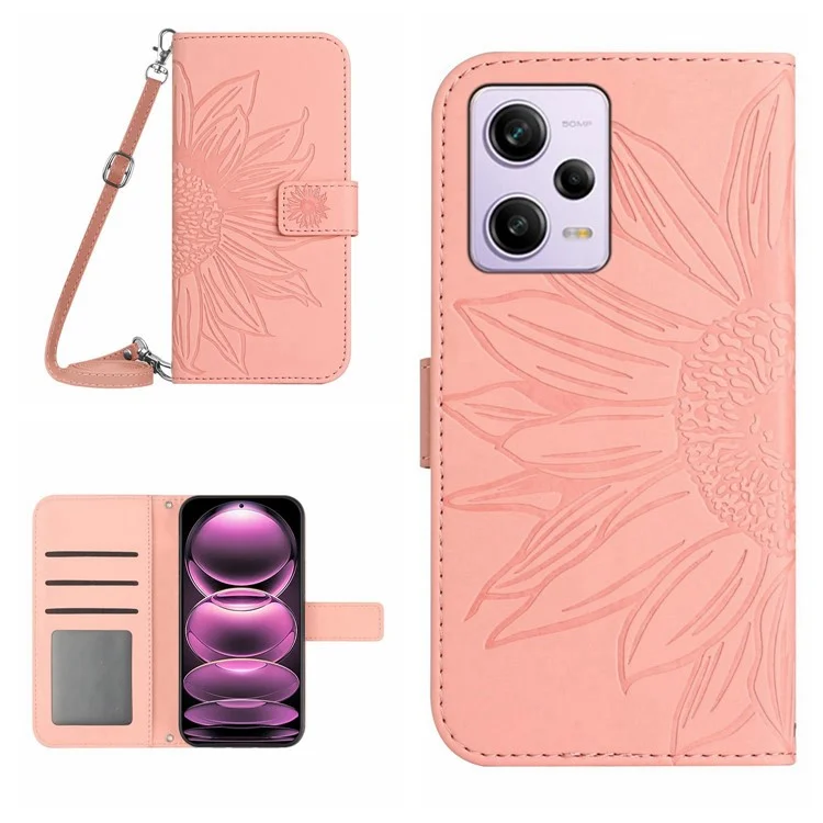 For Xiaomi Redmi Note 12 Pro 5G / Note 12 Pro Speed 5G / Poco X5 Pro 5G HT04 Sunflower Imprinted Flip Shell, PU Leather Wallet Case Stand Skin-touch Phone Cover with Shoulder Strap - Pink