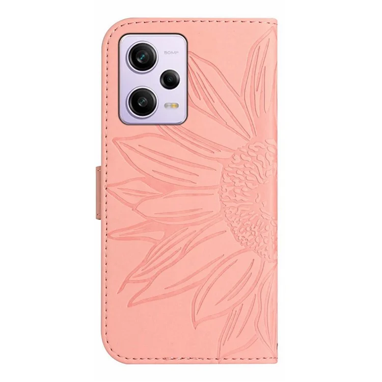 For Xiaomi Redmi Note 12 Pro 5G / Note 12 Pro Speed 5G / Poco X5 Pro 5G HT04 Sunflower Imprinted Flip Shell, PU Leather Wallet Case Stand Skin-touch Phone Cover with Shoulder Strap - Pink