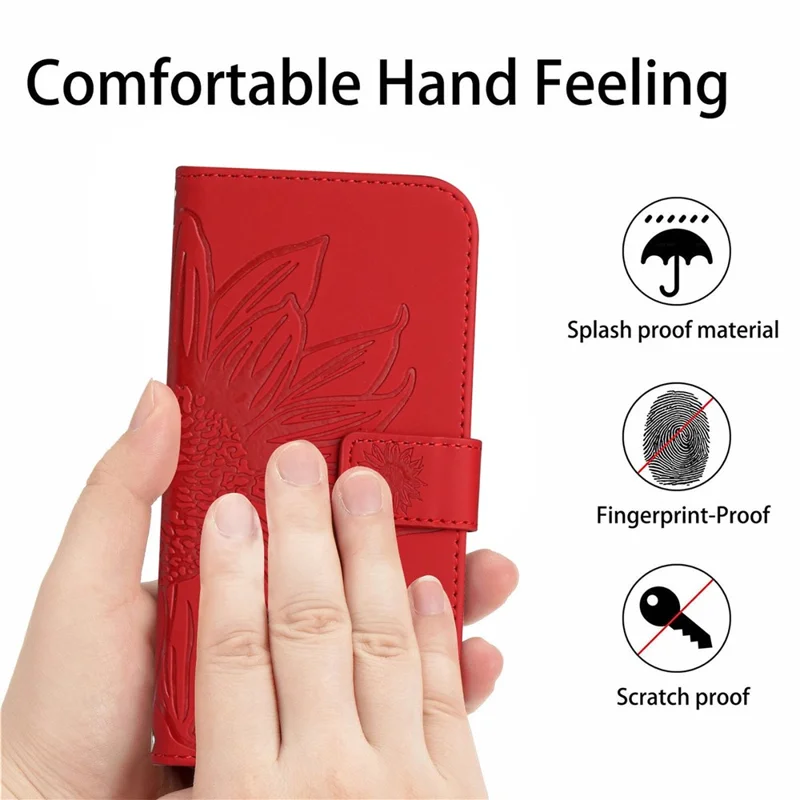 Pour Xiaomi Redmi Note 12 Pro 5G / Remarque 12 Pro Speed ​​5g / Poco X5 Pro 5G HT04 Flip Case, Tournesol Portefeuille Empreint de Peinture en Cuir PU en Cuir PU Couvercle de Téléphone Magnétique Avec Sangle à Main - Rouge